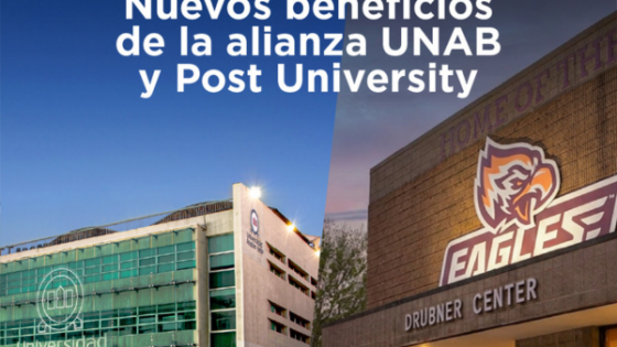 Banner promoting new benefits from the UNAB and Post University alliance, showing UNAB on the left and Drubner Center Eagles on the right.